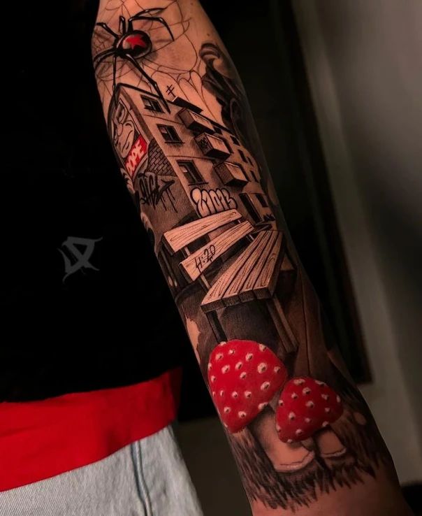 Иллюстративная Mushrooms, Building tattoo на Предплечье