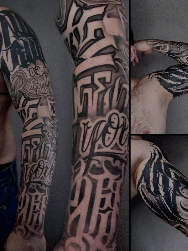 male blackandgrey lettering tattoo on arm #76643 | Tattoo Artist Артём Андер