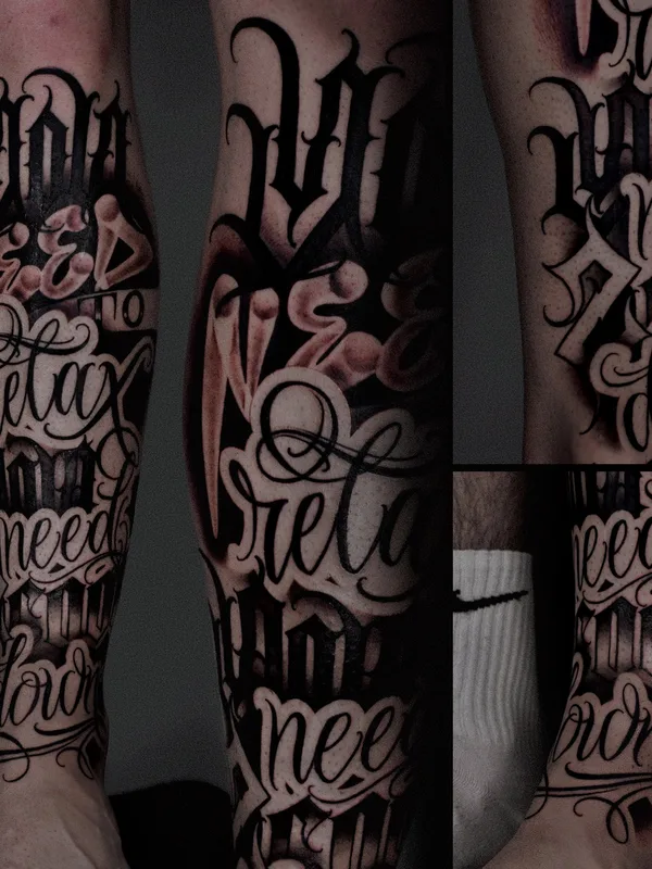 male blackandgrey lettering tattoo on shin #76644 | Tattoo Artist Артём Андер