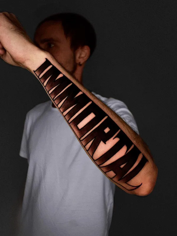 male blackandgrey lettering tattoo on forearm #76648 | Tattoo Artist Артём Андер
