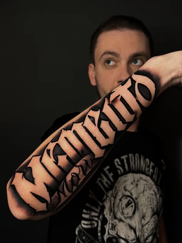 male blackandgrey lettering tattoo on forearm #76653 | Tattoo Artist Артём Андер