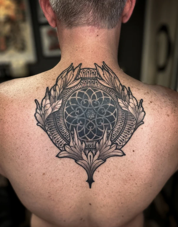 Ornamental Floral, Geometric tattoo on Upper Back