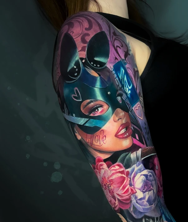 Реализм Portrait, Flowers tattoo на Полный рукав