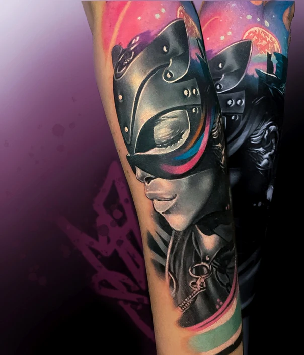 Realism Portrait, Mask tattoo on Forearm
