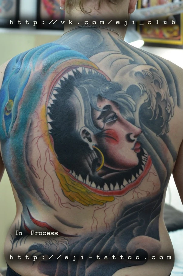Neo-traditional Woman, Shark tattoo на Спина (полная)