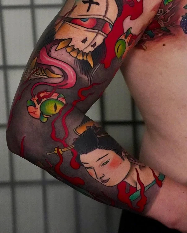 Japanese Skull, Geisha tattoo on Full Sleeve