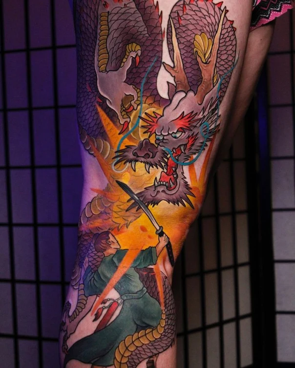 Japanese Dragon, Samurai tattoo on Thigh