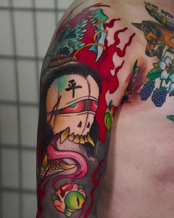 Japanese Skull, Dragon tattoo on Full Sleeve