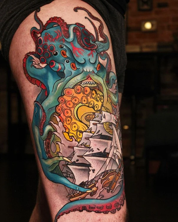 Neo-traditional Octopus, Ship tattoo on Thigh