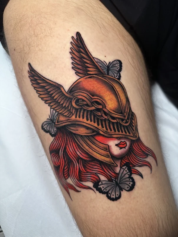 Neo-traditional Helmet, Butterfly tattoo on Thigh
