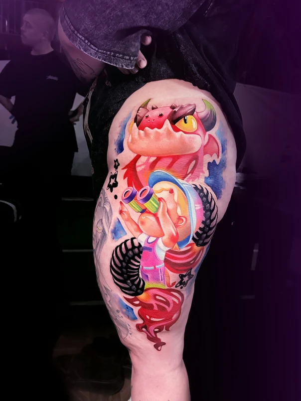 Cartoon Dragon, Child tattoo на Thigh