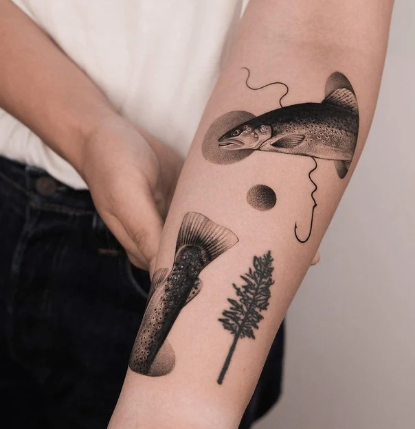 Sketch Fish, Tree tattoo on Forearm