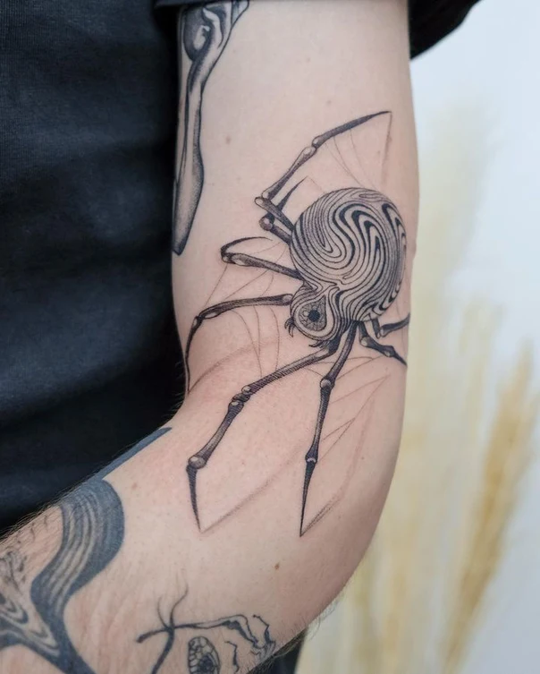 Linework Spider, Web tattoo on Forearm