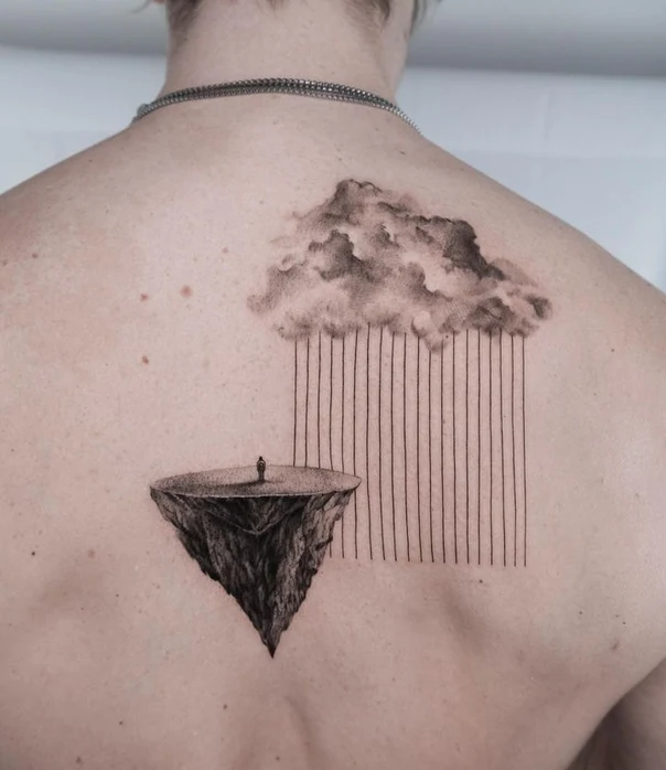 Sketch Cloud, Island tattoo on Upper Back
