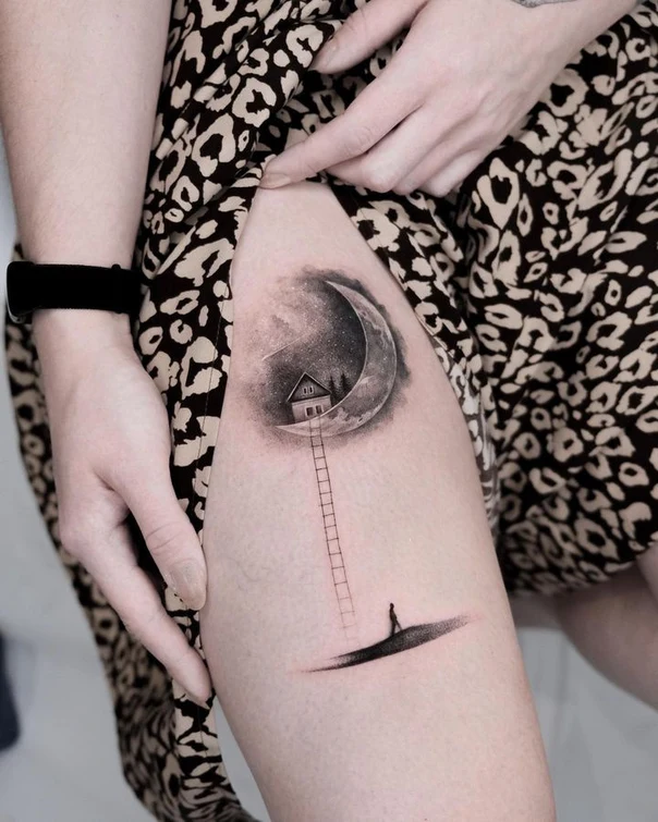 Fineline Moon, House tattoo on Thigh
