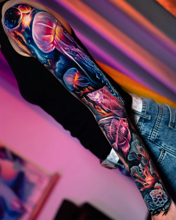 Realism Jellyfish, Fish skeleton tattoo on Full Sleeve