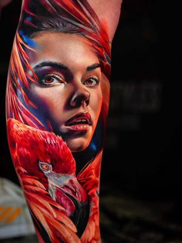 female color realism tattoo auf calf #77171 | Tätowierer Anna Kriuchkova