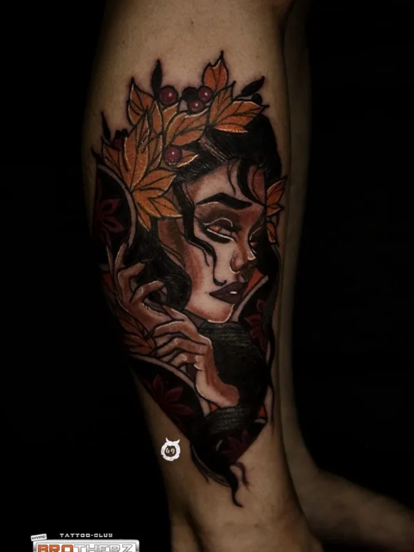 female color neo traditional tatuaje en calf #77263 | Tatuador Lina Boyts