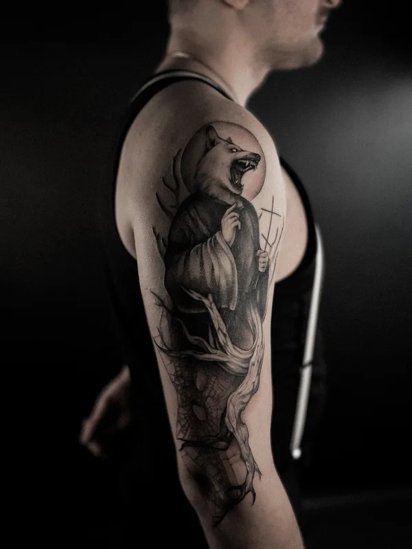 male black and grey black and grey татуировка на upper arm #77317 | Тату мастер VALENTINA TISHE
