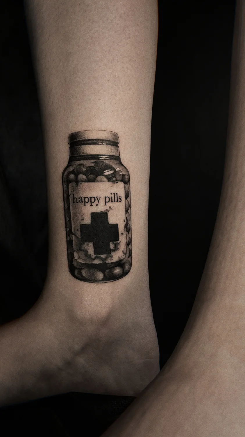 Чёрно-серая татуировка с флаконом таблеток с надписью happy pills и символом креста.