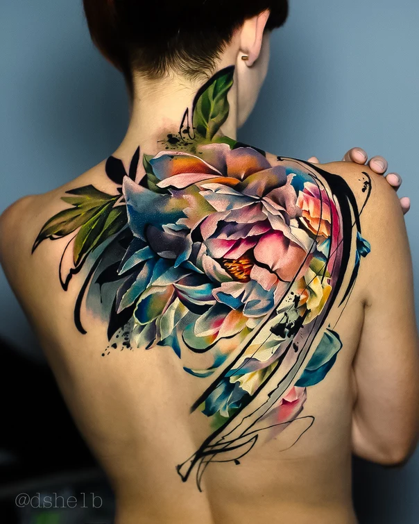 Акварель Botanic, Flower tattoo на Верхняя часть спины