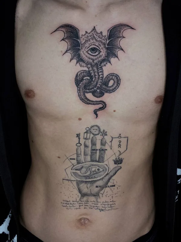 male black and grey blackwork татуировка на chest #77367 | Тату мастер George Pronin