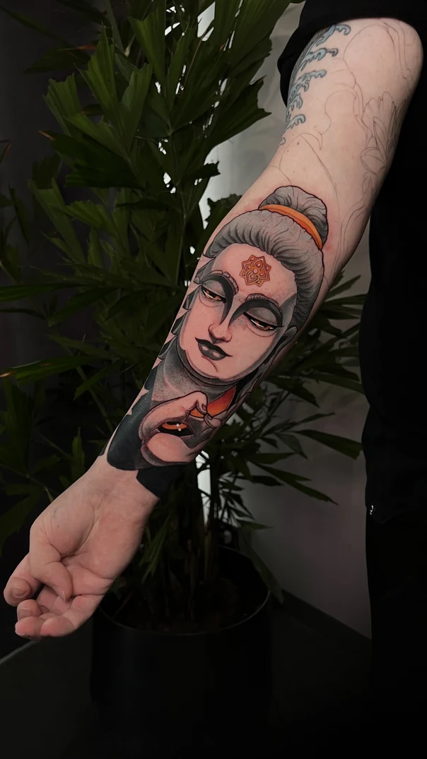 Illustrative Buddha, Mandala tattoo on Forearm
