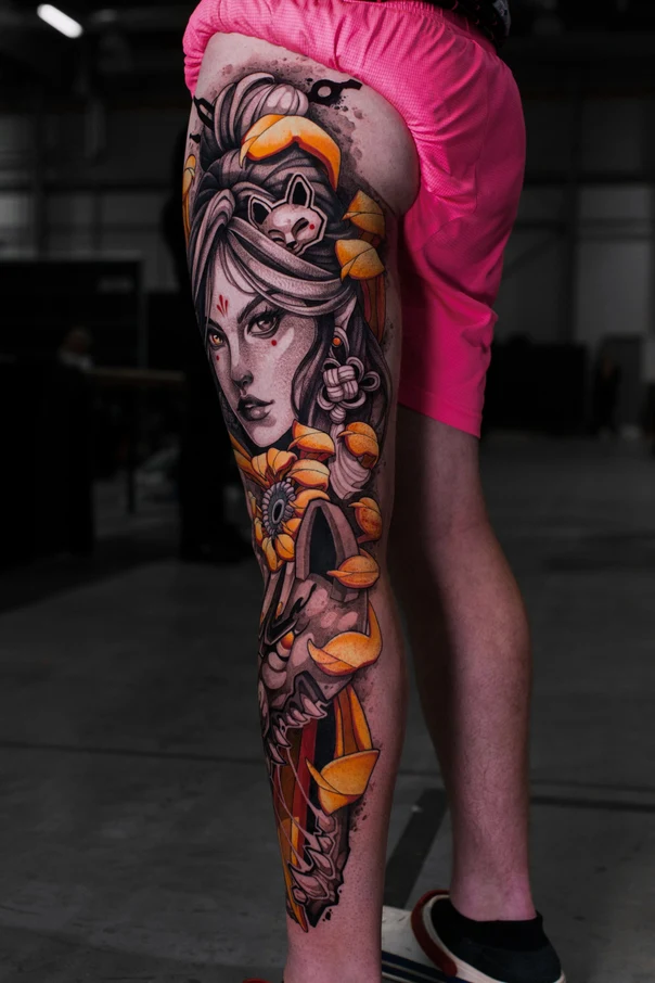 Illustrative Woman, Mask tattoo on Full leg