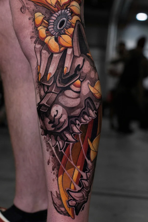 Neo-traditional Wolf, Flower tattoo on Calf