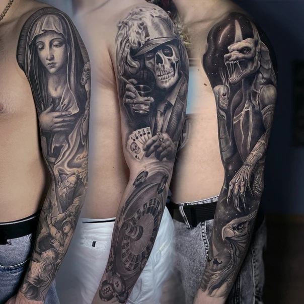 Реализм Religious, Skull tattoo на Полный рукав