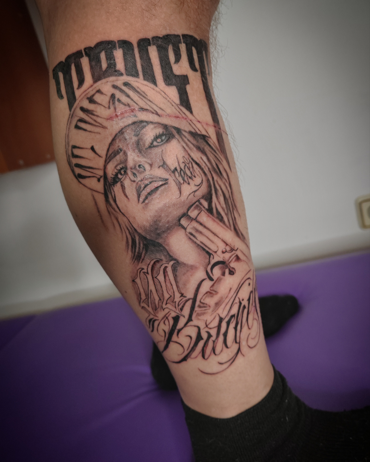 Chicano Portrait, Gun tattoo on Calf