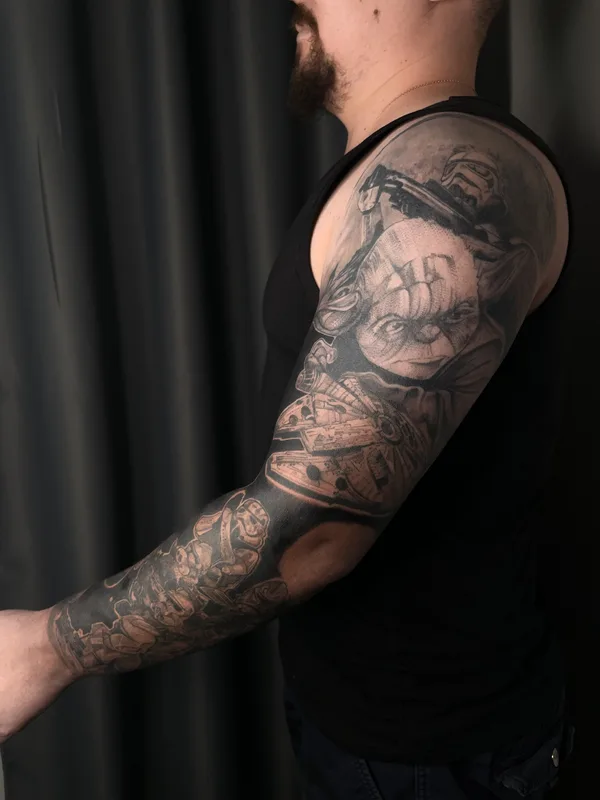 male black and grey black and grey татуировка на full sleeve #77981 | Тату мастер Нина Волошкина