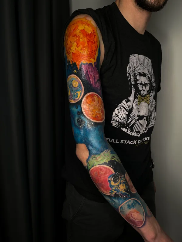 male color illustrative татуировка на full sleeve #77983 | Тату мастер Нина Волошкина