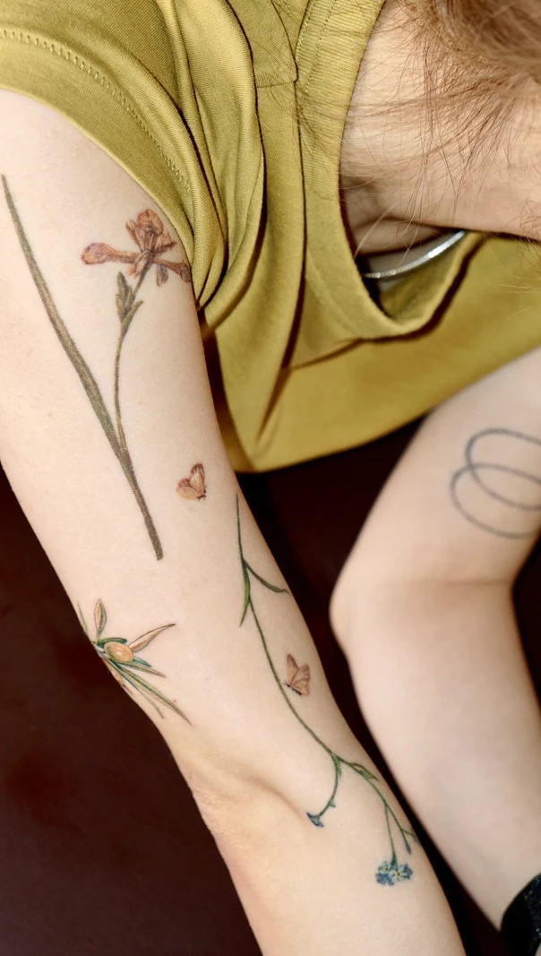 Botanic Flower, Butterfly tattoo on Forearm