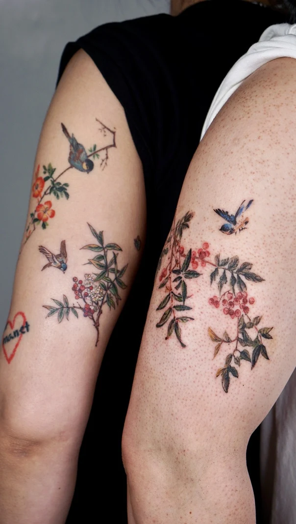 Illustrative Bird, Floral tattoo on Thigh