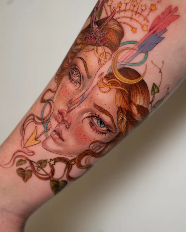 Illustrative Face, Arrow tattoo on Forearm