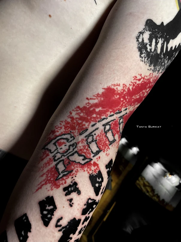Trash Polka Lettering, Abstract tattoo on Forearm