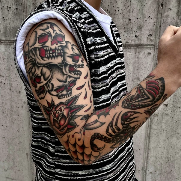 Neo-traditional Skull, Rose tattoo on Full Sleeve