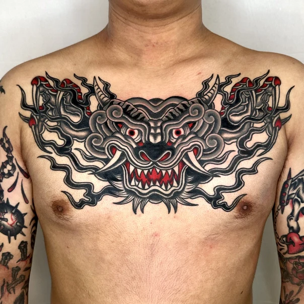 Japanese Demon, Dragon tattoo on Chest