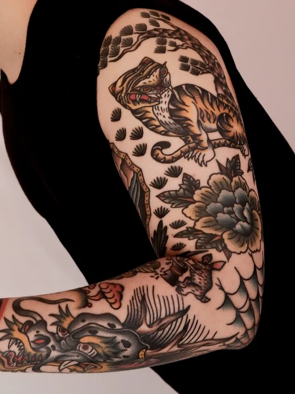 color traditional tattoo on full sleeve #78254 | Tattoo Artist Ducky