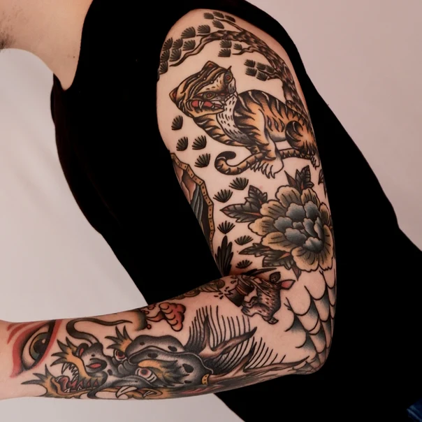 Traditional Tiger, Dragon tattoo on Full Sleeve