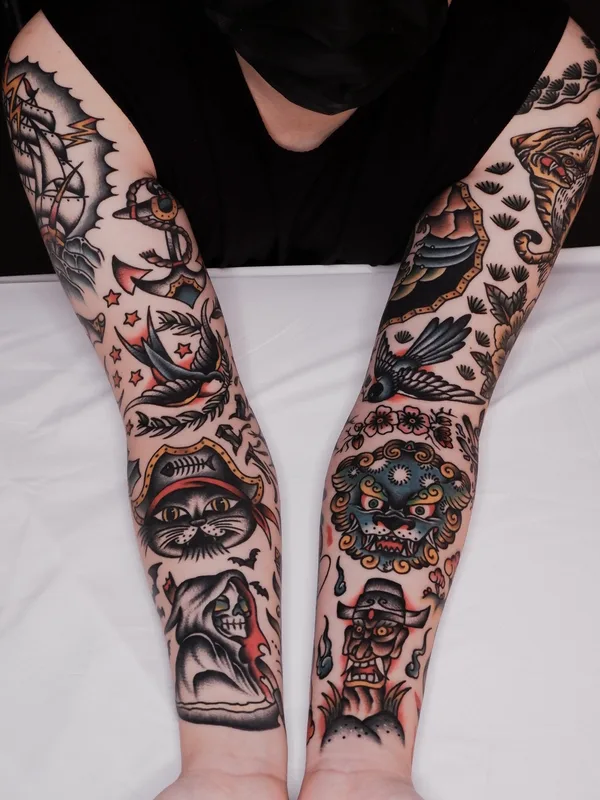 color old school tattoo on full sleeve #78257 | Tattoo Artist Ducky