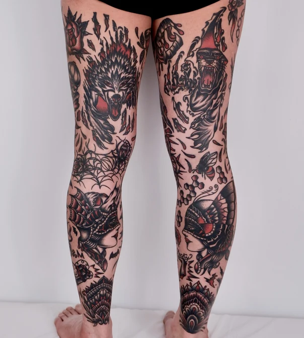 Neo-traditional Wolf, Panther tattoo on Full leg