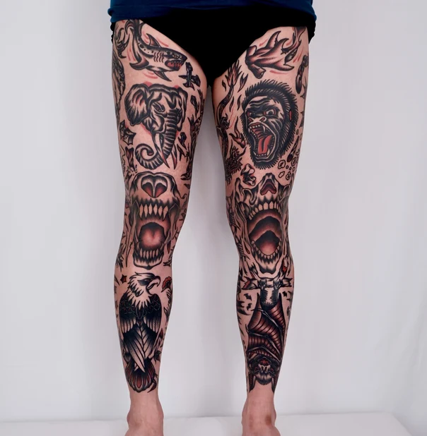 Traditional Animals, Skull tattoo on Full leg
