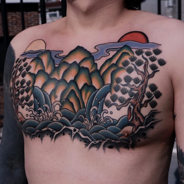 Japanese Landscape, Mountains tattoo on Chest