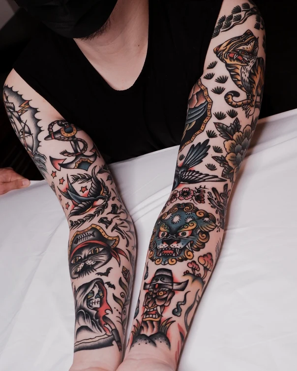 Traditional Anchor, Tiger tattoo on Full Sleeve