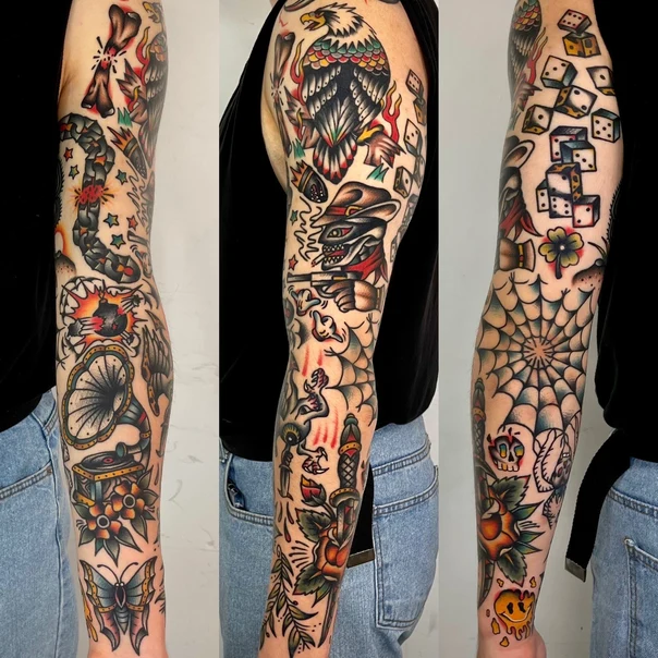 Old School Eagle, Dice tattoo on Full Sleeve