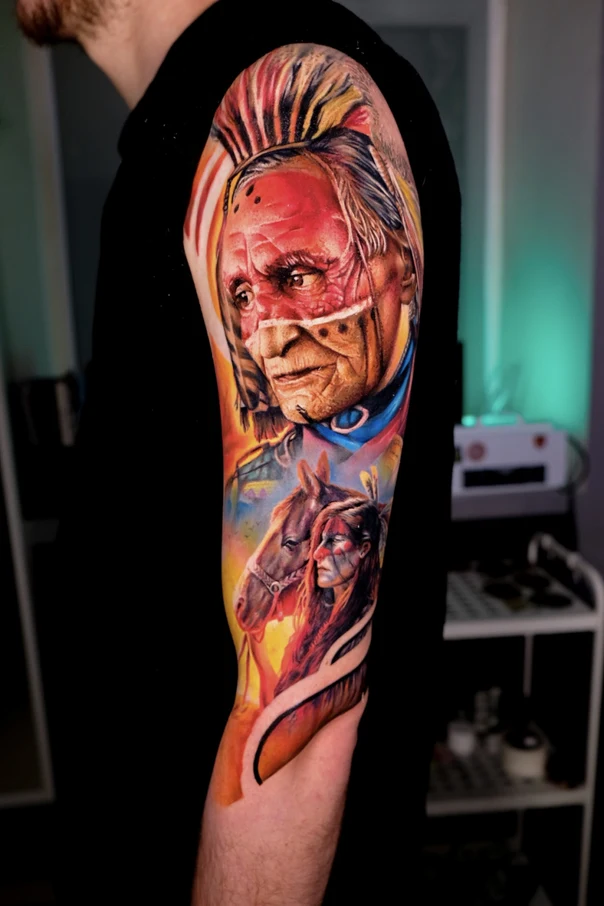 Реализм Native american, Horse tattoo на Полный рукав