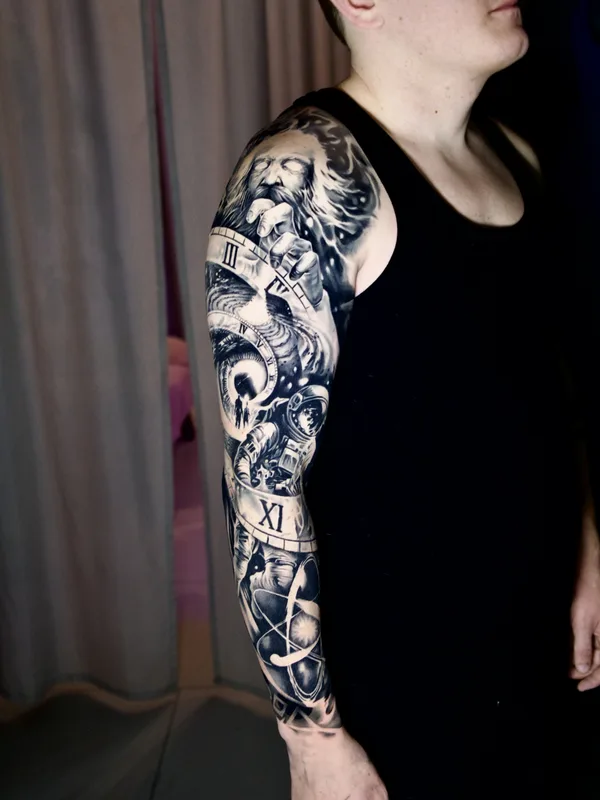 male black and grey realism 纹身 在 full sleeve #78293 | 纹身师 Мурат Цергой