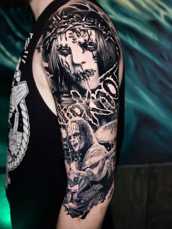 male black and grey black and grey 纹身 在 full sleeve #78301 | 纹身师 Мурат Цергой